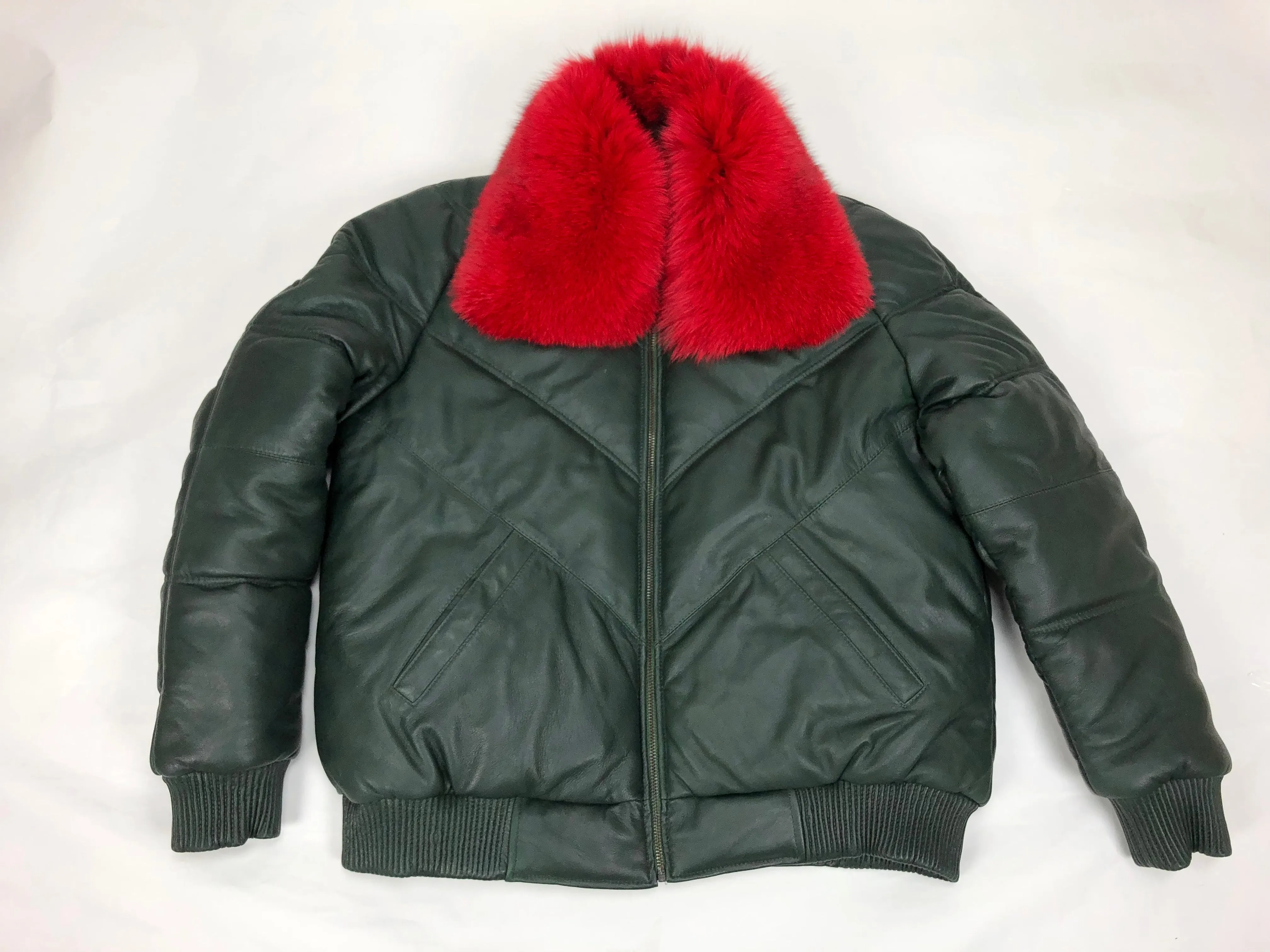 Men's V-Bomber Forest Green Premium Red Fox Collar