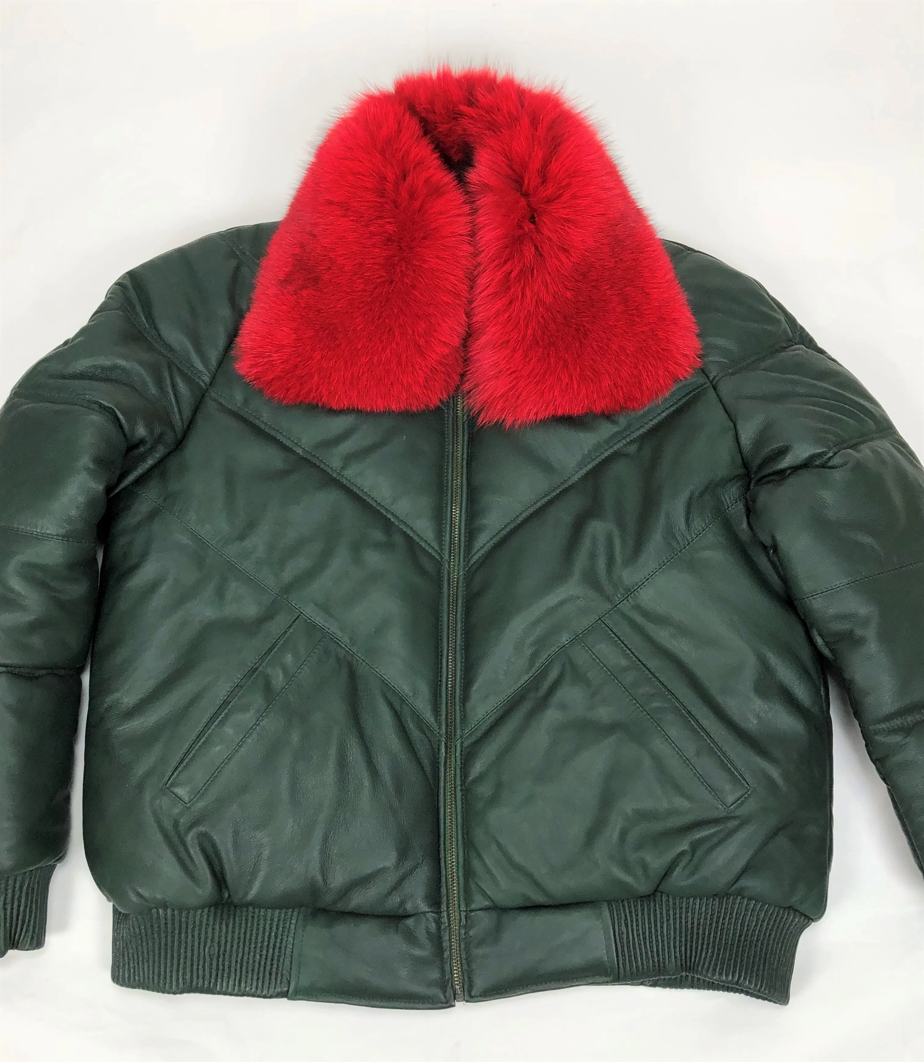 Men's V-Bomber Forest Green Premium Red Fox Collar